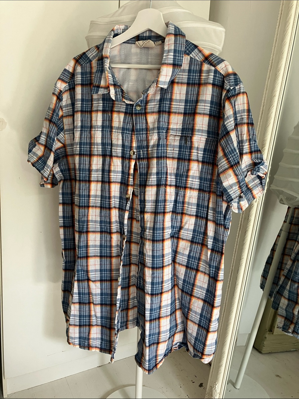 Casual Blue & White Plaid Short-Sleeve Button-Down Shirt with Orange Trim